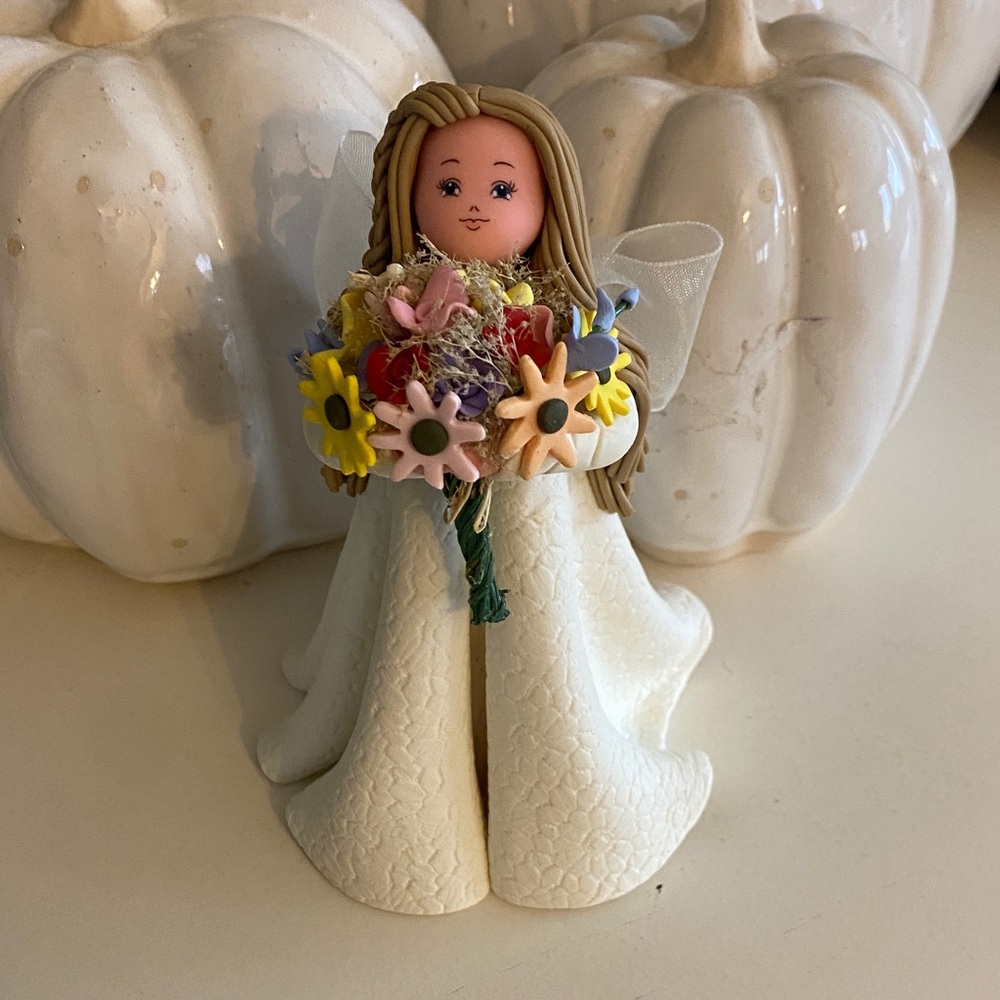 Kneeded Angel Figurine with Pastel Floral Bouquet